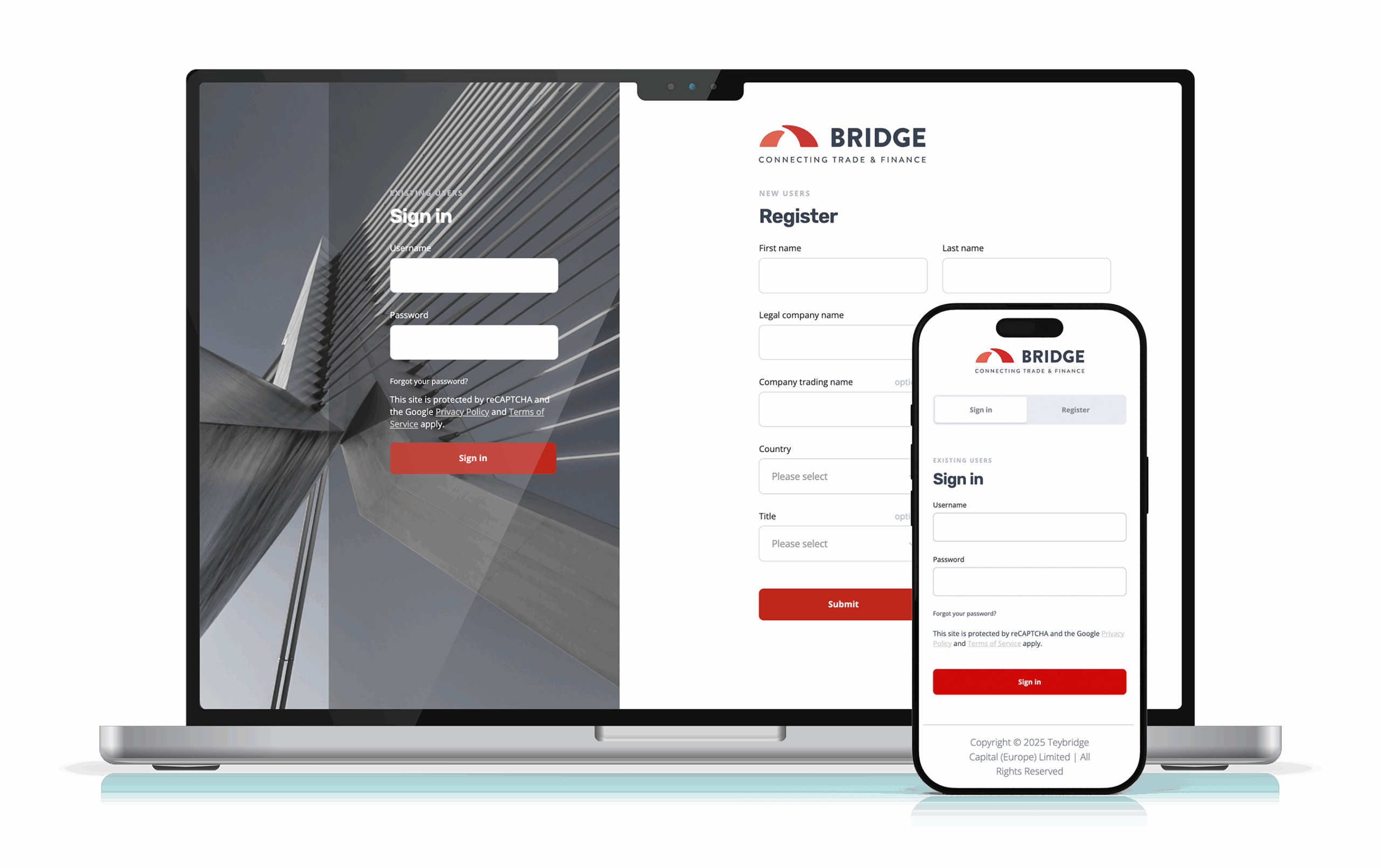 Mockup of BRIDGE platform on mobile and laptop